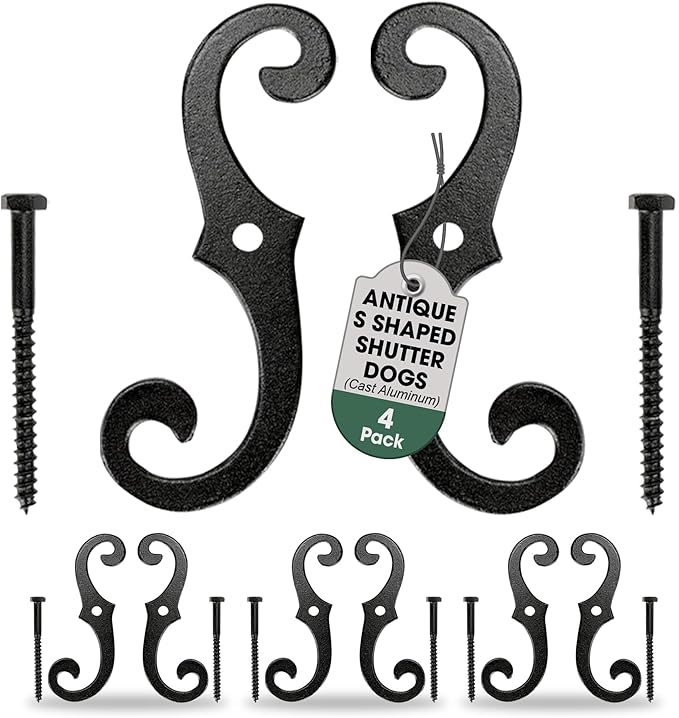 Renovators Supply Manufacturing Black Shutter Dogs 6.5 in. Decorative S Shaped Cast Aluminum Shutter Dogs with Mounting Hardware Pack of 4