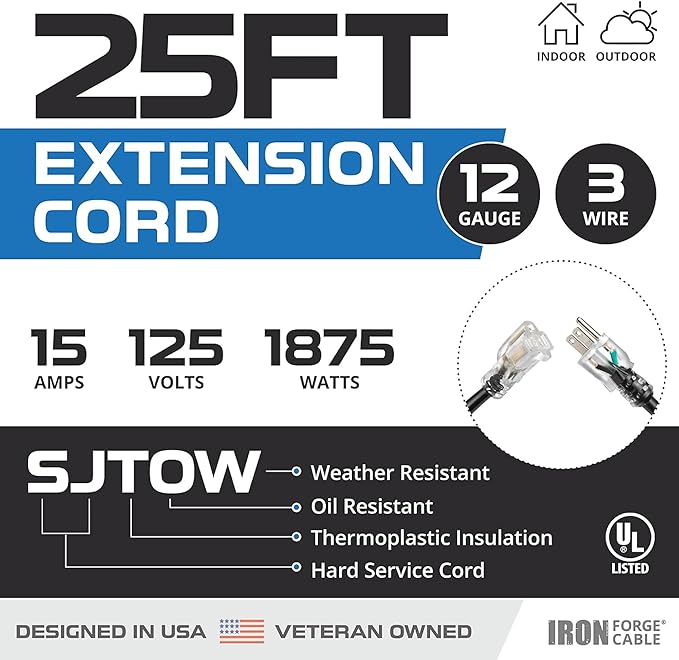 Iron Forge Cable 2 Pack 12 Gauge Outdoor Extension Cord 25 Ft, SJTOW 12/3 Heavy Duty Extension Cord 3 Prong - Oil Resistant & Flame Retardant