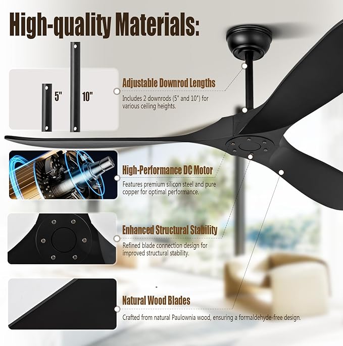 60" Ceiling Fans Without Light, Wood Ceiling Fan with Remote Control and Quiet DC Motor, Ceiling Fan no Light 3 Blades, Outdoor Ceiling Fans for Patios without Lights