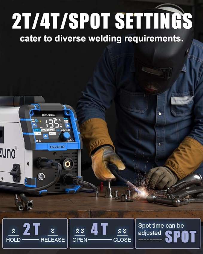 AZZUNO MIG Welder 135Amp 110V, 3 in 1 Gasless Flux Core MIG Welder/Lift TIG/Stick Welding Machine, Wire Feed Welder with Synergic Control