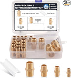 24Pcs Brass Pipe Fittings,1/8" x 1/8",1/4" x 1/4",3/8" x 3/8",1/2" x1/2" NPT Male Hex Nipple Pipe Extension Reducer Nipple Adapter