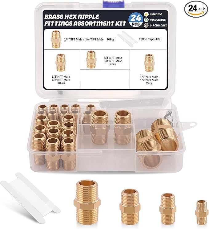 24Pcs Brass Pipe Fittings,1/8" x 1/8",1/4" x 1/4",3/8" x 3/8",1/2" x1/2" NPT Male Hex Nipple Pipe Extension Reducer Nipple Adapter