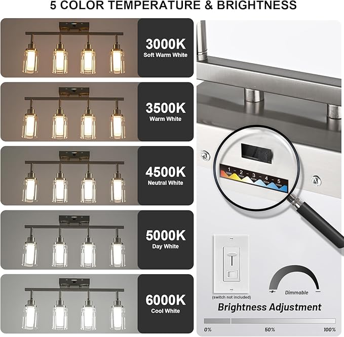 3-Light LED Dimmable Track Lighting Ceiling Fixtures, 5-Color Temperature Brushed Nickel Wall Lamp Spotlight with Integrated LED Chips & Clear Glass Shade & Frosted Column
