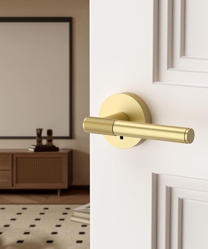 Asidrama 10 Pack Privacy Gold Door Knob with Lock, Brushed Gold Door Handles Interior for Bedroom or Bathroom, Heavy Duty Door Lever with Reversible Interior Door Handle for Left Right Sided Doors