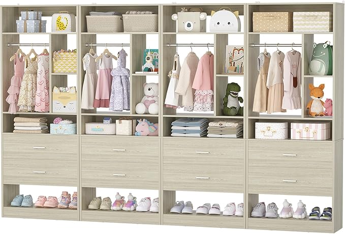 8FT Closet System with 8 Wood Drawers, 96" Closet Organizer System with 20+ Small Shelves & 2 Hanging Rods, Walk-in/Nursery Closet Systems, Set of 4, White Oak (96" L x 15" W x 80" H)