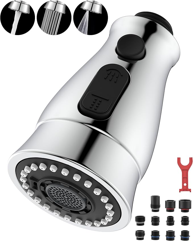 Kitchen Faucet Head Replacement, Pull Down Faucet Spray Head, 3 Function Faucet Tap Spout Sprayer Nozzle for Kitchen Faucet with 11 Adapters, Chrome