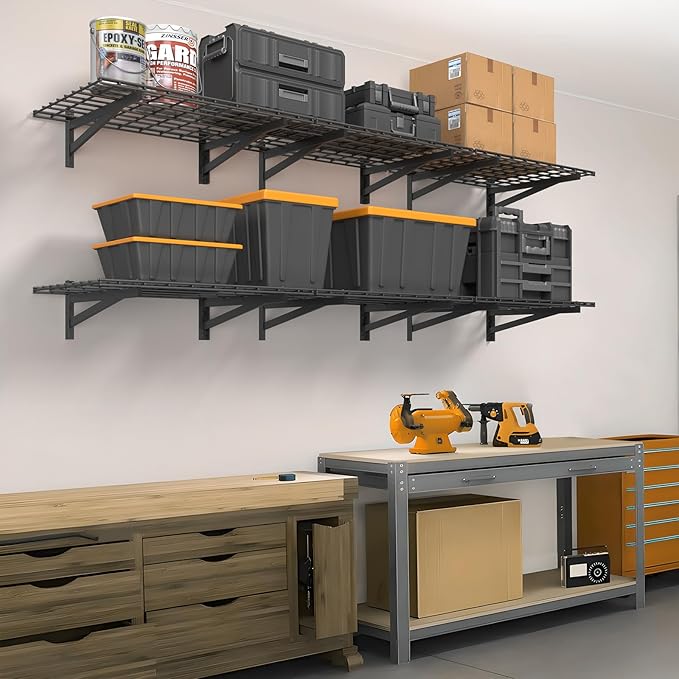 2 Pack Heavy Duty Garage Wall Shelving Set (1.5x4ft), Wall Mounted Garage Shelves 500lbs Capacity, 18"x48" Shelf Storage Rack Floating Shelves, Black