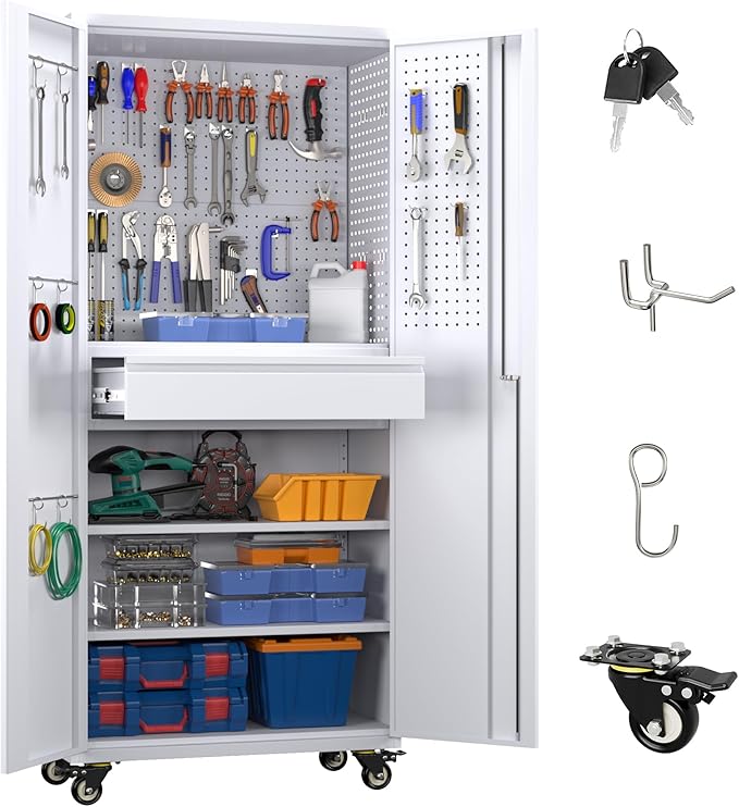 71" H Garage Storage Cabinet with Wheels, Drawer, Pegboard and 16 Hooks, Metal Tool Storage Cabinet with Locking Doors and 2 Adjustable Shelves for Garage, Warehouse, Home, White