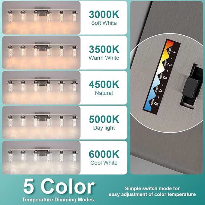 4-Light Modern Bathroom Light Fixtures Over Mirror,Brushed Nickel Led Vanity Lighting Fixtures with 5CCT Dimmable LEDs,Clear Glass Shades &Wall Sconces Lighting Design for Bedroom,Livingroom