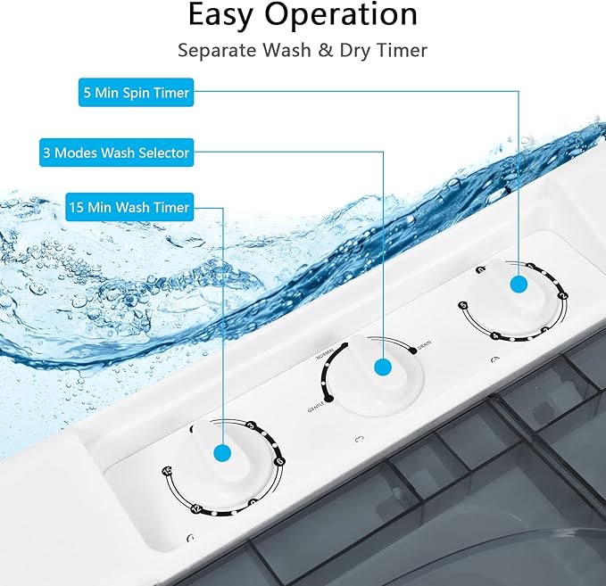 COSTWAY Portable Washing Machine, Twin Tub 26 Lbs Capacity, 18 Lbs Washer and 8 Lbs Spinner, Compact Washer with Control Knobs, Timer Function, Drain Pump, Laundry washer for Apartment RV, Grey