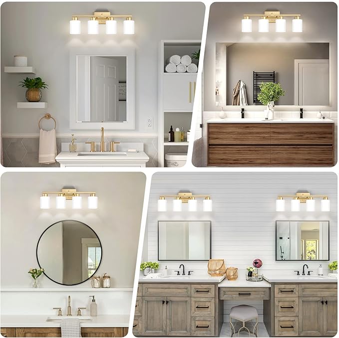Gold Bathroom Light Fixtures, 4-Light Modern Vanity Light Over Mirror, Wall Sconces with Milky White Frosted Glass Shades, E26 Socket (Bulbs Not Included)