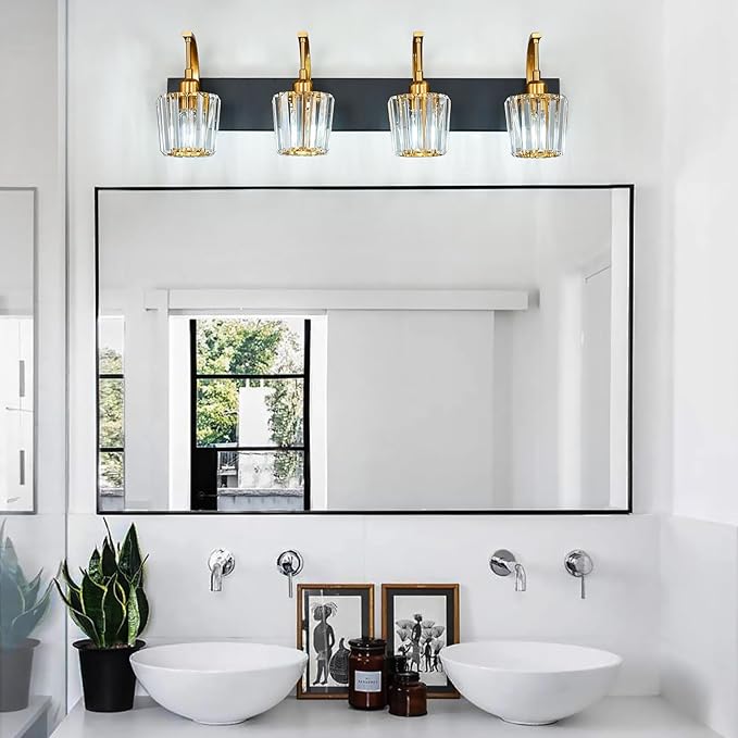 Modern Bathroom Vanity Light, 4-Light Black Gold Wall Sconce with Crystal Accents, Over Mirror Bathroom Lighting Fixture, 32.67" Long Dimmable Vanity Lamp for Makeup, Easy Installation