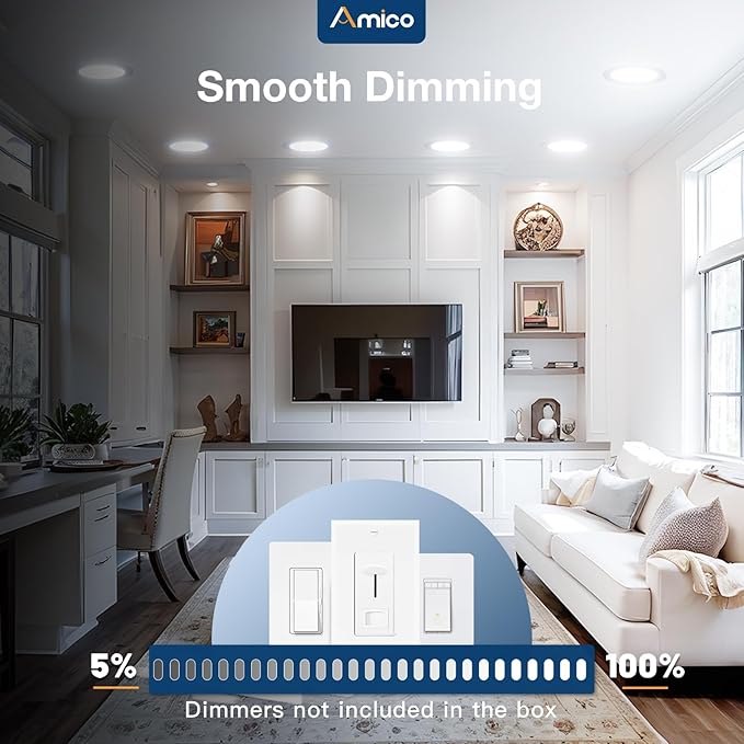 Amico 12 Pack 7 Inch 5CCT Ultra-Thin LED Recessed Can/Ceiling Light with Junction Box, 1300LM High Brightness, Dimmable Wafer Downlight, 15W, ETL&FCC