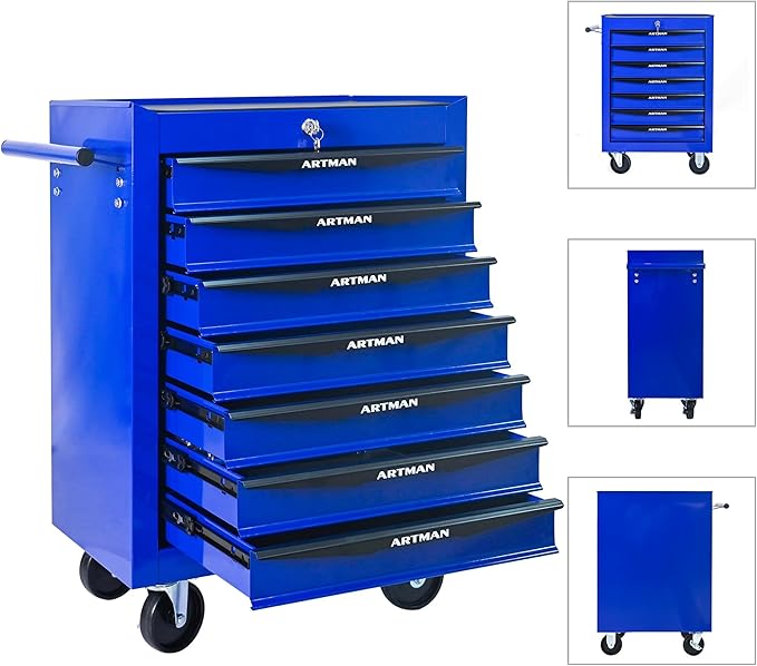7-Drawer Steel Rolling Tool Cart with Wheels & Handle, Heavy-Duty Tool Chest Storage Cabinet for Garage and Workshop