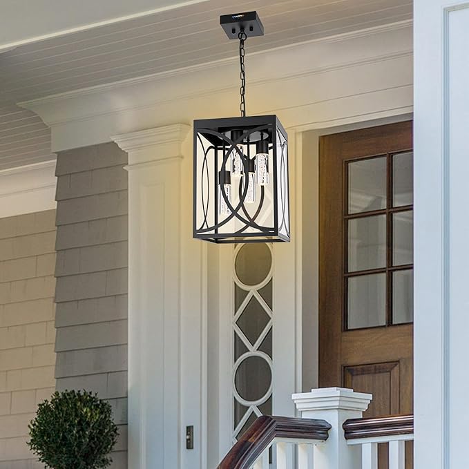 4-Lights LED Large 5CCT Outdoor Pendant Lights, Black Hanging Porch Lighting Fixture Build-in LED Chips with Clear Glass, Exterior Lantern Chandelier Ceiling Mount for Front Door Patio Garden