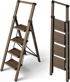 Taranta 4 Step Ladder, Portable Folding Ladder with Wide Pedal, Lightweight Aluminum Step Stool with Convenient Handgrip, 330 lbs Capacity Stepladder for Home, Office - Walnut