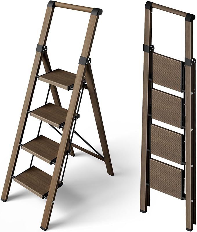 Taranta 4 Step Ladder, Portable Folding Ladder with Wide Pedal, Lightweight Aluminum Step Stool with Convenient Handgrip, 330 lbs Capacity Stepladder for Home, Office - Walnut