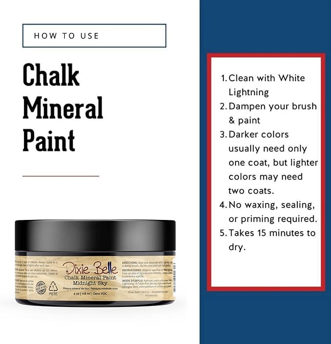 Dixie Belle Paint Company Chalk Finish Furniture Paint - Midnight Sky (4oz) - Matte Blue Black Chic Chalk Mineral DIY Furniture Paint