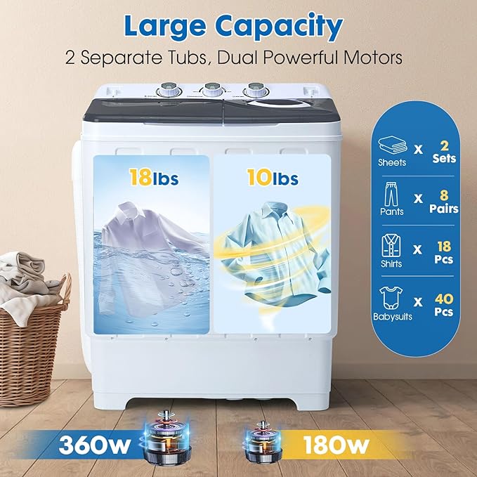 28lbs Portable Washing Machine with 18lbs Wash and 10lbs Spin, Twin Tub Washer Compact Machine with Drain Pump, Mini Portable Washer for Home, Camping, RVs, and Small Spaces, Grey