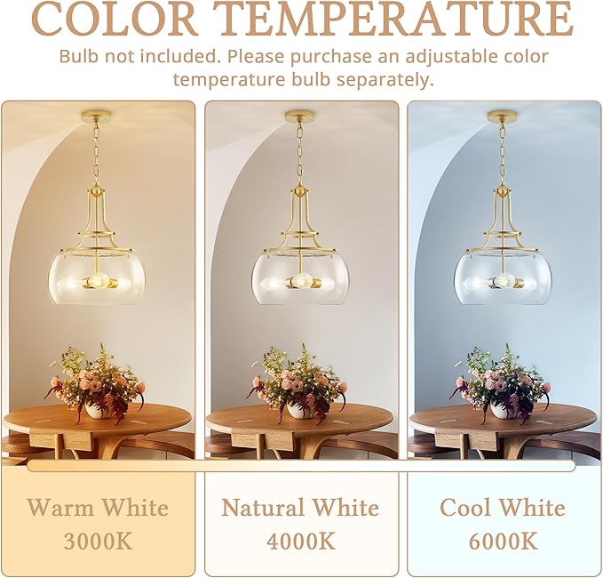 Industrial Round Chandelier Rustic Ceiling Light Fixture 3-Light Farmhouse Pendant Light with Seeded Glass Shade for Dining Room Hallway Entryway Kitchen Bedroom, Gold