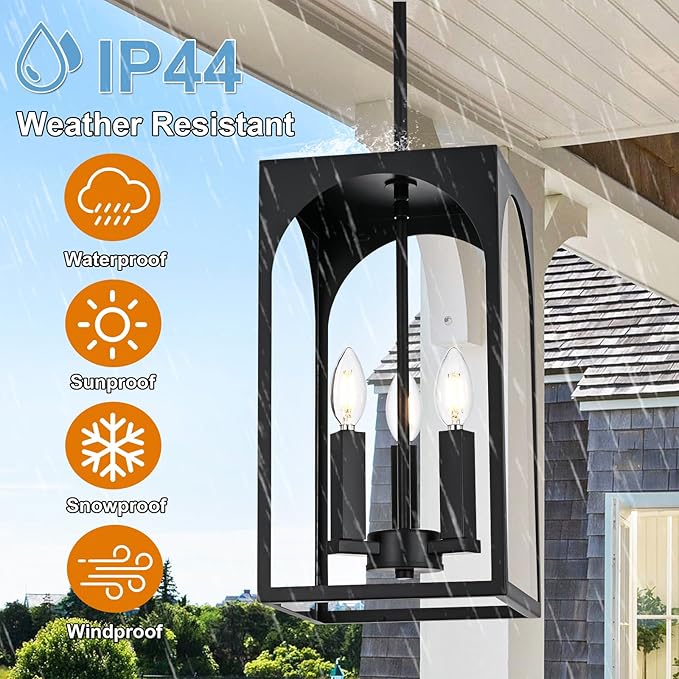 VINLUZ 3 Lights E12 Outdoor Pendant Lighting Fixture in Black Finish Finish, Farmhouse Hanging Lantern Chandelier with Clear Glass Shade for Porch Entryway Hallway