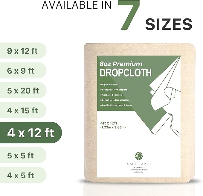 Canvas Drop Cloth by Salt Earth, Pack of 1 Reusable Paint Drop Cloth, 100% Recycled Cotton, All Purpose Painters Drop Cloth, Cotton Canvas Tarp Cover for Painter Furniture & Floor Protection (4x12FT)