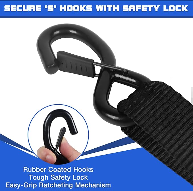 4000 lb Ratchet Straps 1.5 Inch 15ft 4 Pack Adjustable Tie Down Straps with S Hooks,Heavy Duty Strap for,Boats,Truck Bed,Tarps,Trailers,Wind,Storage Sheds,Rook Rack,Car Accessoreis Essentials Black