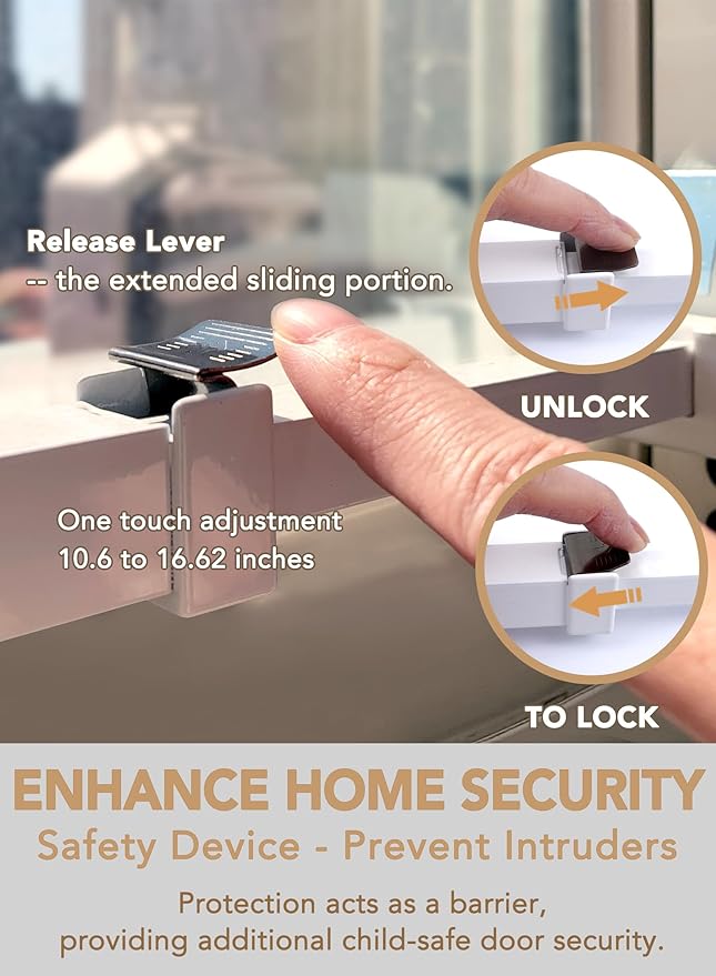 Greatim GT-DB005 Home Security Window Lock, Egress Window Lock, Childproof, Locking System, AntiLift Lock, Vertical Bar, for Single Hung Windows, Window Dowel, Adjustable (10.6~16.62 inch)