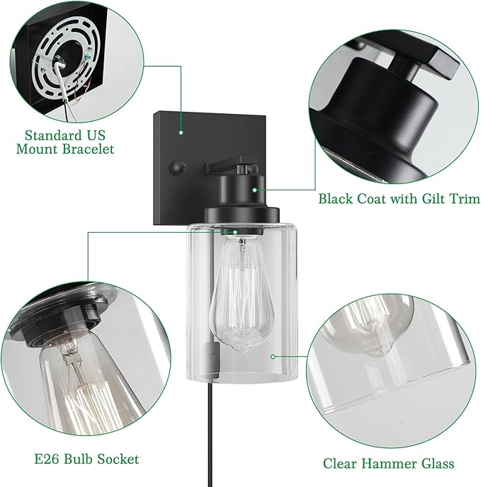 Plug in Wall Sconces, 2 Pack Wall Lamp, Rustic Plug in Wall Light Sconces, Sconces Wall Lighting, E26 Modern Wall Light Fixtures