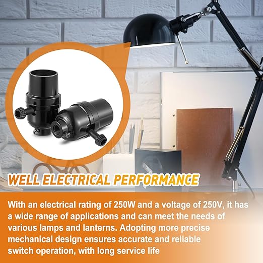 6 Pcs 3 Way Lamp Socket Replacement, UL Listed, E26 Medium Base, Turn Switch Knob for Low-Medium-High Light Settings Light Socket Lamp Parts for Repair Table and Floor Lamps DIY Project, Black