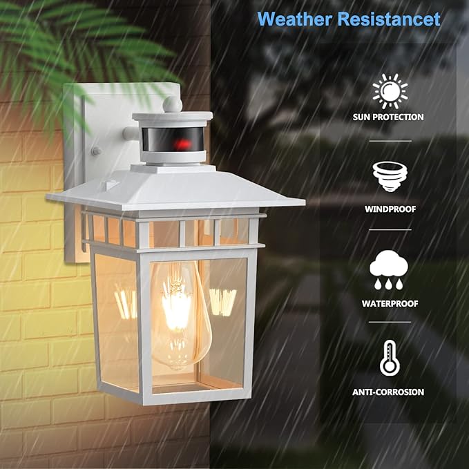 HIFEELE 2 Pack Motion Sensor Outdoor Lights Wall Mount Lantern, White Dusk to Dawn Outdoor Lighting, Anti-Rust Waterproof Exterior Light Fixture with Tempered Glass for House Porch Garage Entryway
