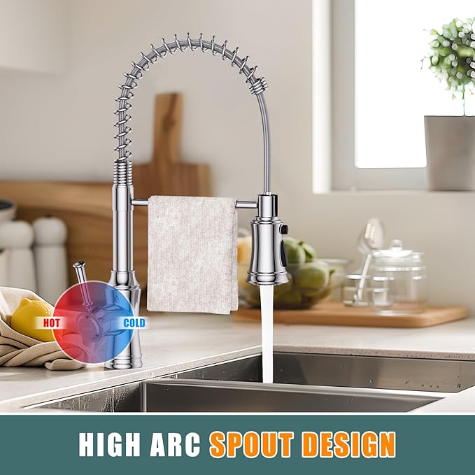 Kitchen Faucet with Pull Down Sprayer, Hurran Commercial Stainless Steel Kithcen Faucets, Single Handle Spring Faucets for Kitchen Sink, Sink Faucet for Farmhouse Wet Bar or RV, Chrome