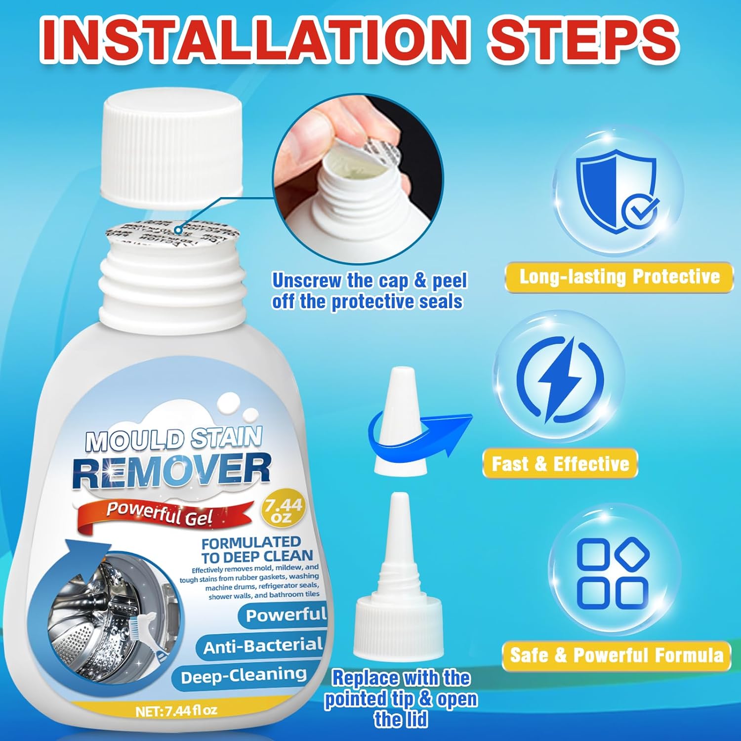 Mold Remover Gel – Effective Washing Machine Cleaner for Gasket, Mold Stain Remover Gel for Bathroom, Grout, Tile, Shower, Sink, Caulk - All-Purpose Household Cleaner Gel