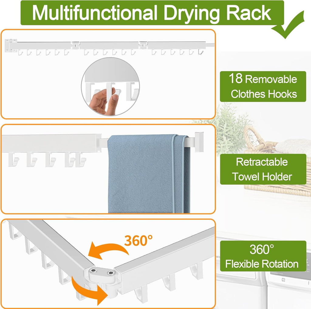 Foldable Clothes Drying Rack, 2 Fold Laundry Drying Rack Wall Mount, [No Drilling] Folding & Durable Space Saver for Laundry, Balcony, Bathroom, Patio, Dormitory, Apartment-White