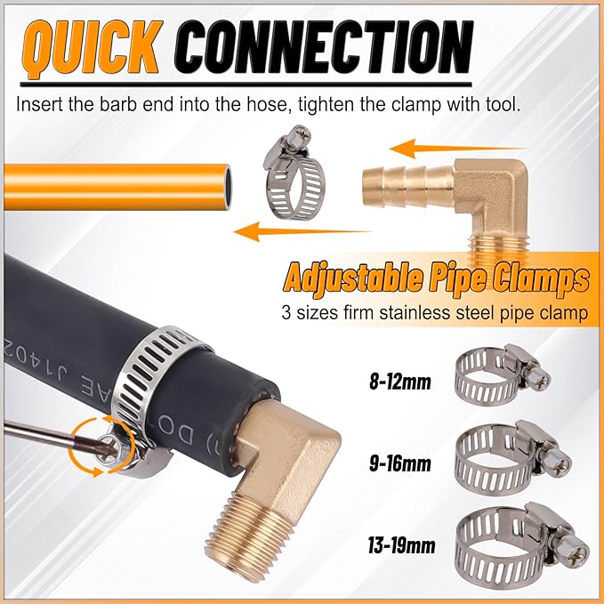 KOOTANS 18PCS Brass Hose Barb Fittings 90 Degree Elbow Barb to NPT Male Thread Adapter Kit 1/4" 5/16" 3/8" Barbed Air Hose Fittings with 30pcs Pipe Clamps for Water Fuel Air Line Connector Fitting
