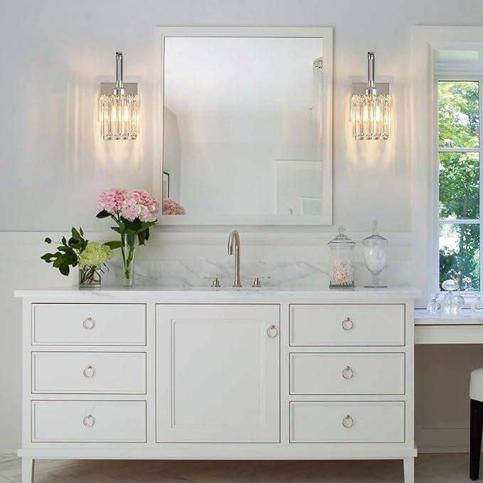 Wall Sconces, Set of 2 Chrome Crystal Vanity Lights, Modern Wall Lamp for Bathroom, Hallway, and Makeup, Easy Installation
