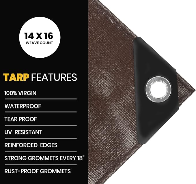 PROTARP Extra Heavy Duty 16 Mil Tarp Cover, Waterproof, UV Resistant, Rip and Tear Proof, Poly Tarpaulin with Reinforced Edges for Roof, Camping, Patio, Pool, Boat. (Brown/Black 20′ X 35′)
