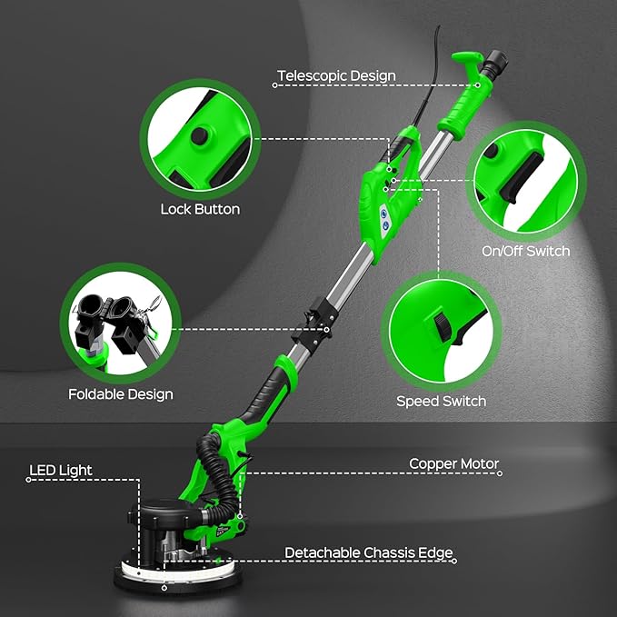 Drywall Sander, 2025 Upgraded 8-Amp Popcorn Ceiling Removal Tool with 7 Variable Speed 800-1800RPM, Drywall Sander with Vacuum Dust Collector with Extendable Handle, LED Light, 12pcs Sanding Discs