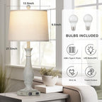 27.5" Farmhouse Table Lamps Set of 2 with USB C+A Ports & AC Outlet for Vintage Living Room Retro Bedroom, 3-Way Dimmable Touch Lamps Resin Bedside Lamps for Nightstand Side End Table, Grey