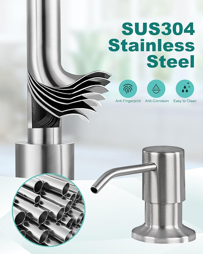 Brushed Nickel Kitchen Sink Faucet: Stainless Steel Kitchen Faucets with Soap Dispenser - 3-Function Single Handle Kitchen Faucets with Pull Down Sprayer for Farmhouse RV Laundry