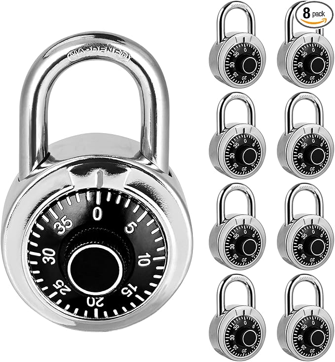 Combination Padlock 8 Pack, Fixed Dial Combination Padlock with Different Combinations, 2 in. Wide. Black Turntable, Lock for Gym & Locker, School, Toolbox, and More