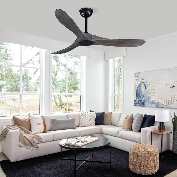 52" 3 Blade Ceiling Fan Without Light, Farmhouse Rustic Wooden Flush Mount Ceiling Fan no Light with Remote for Indoor/Outdoor - High End Silent Operation, Grey & Black, 52 Inch