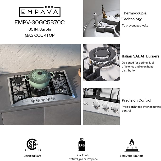 Empava 30 Gas Stainless Steel 5 Italy Sabaf Sealed Burners with NG/LPG Conversion Stove Top Cooktops Designed for Kitchen and RV Use, 30 Inch