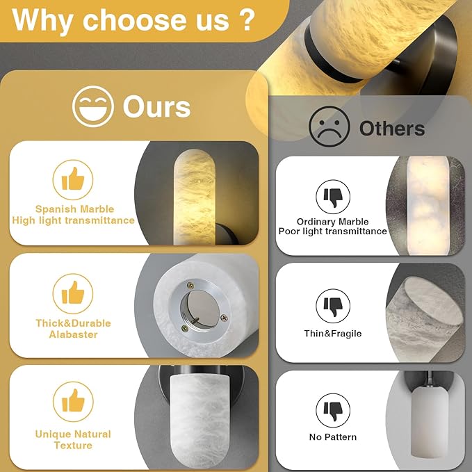 Alabaster Wall Sconces Set of Two, 13in Black Alabaster Sconce, Modern Spanish Natural Marble Sconces Lights, Sconces for Bathroom Vanity Bedroom Living Room Staircases Hallway