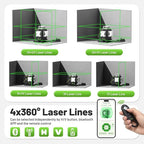 Huepar 16 Lines Self Leveling Laser Level 4x360° Cross Line Laser with Receiver -LCD Screen, 4D Bluetooth Green Beam Tiling Floor Laser Tool, 360° Horizontal/Vertical Laser Kit -Remote Control S04-5RG