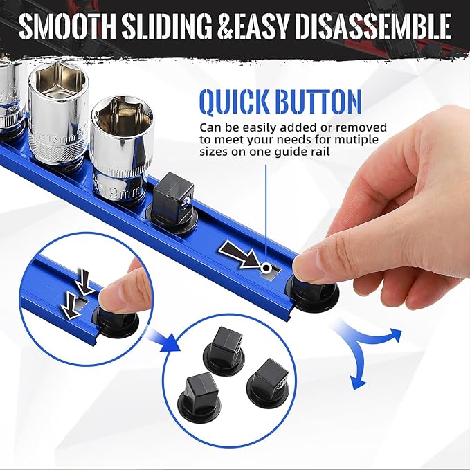 Magnetic Socket Organizer, 1-Piece Heavty Duty Aluminum Socket Holder, Socket Rail for Tool Box, Premium Quality 360° Swivel Socket Rack with 12 Clips for 1/2-Inch(Blue)