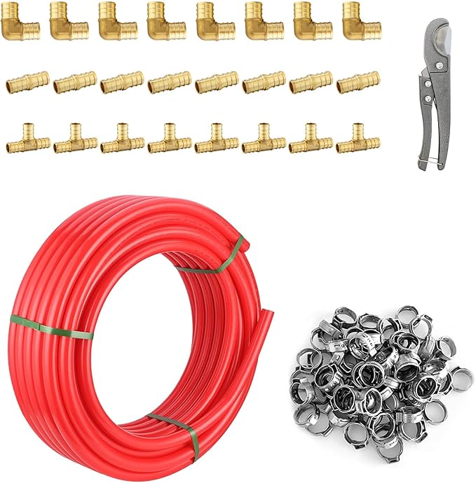 1/2 Inch-100 ft Foskan Red PEX-B Pipe,Water Tubing with a Pipe Cutter,24 Pcs 1/2" Pex Crimp Brass Fittings & 50 Pcs Clamp rings