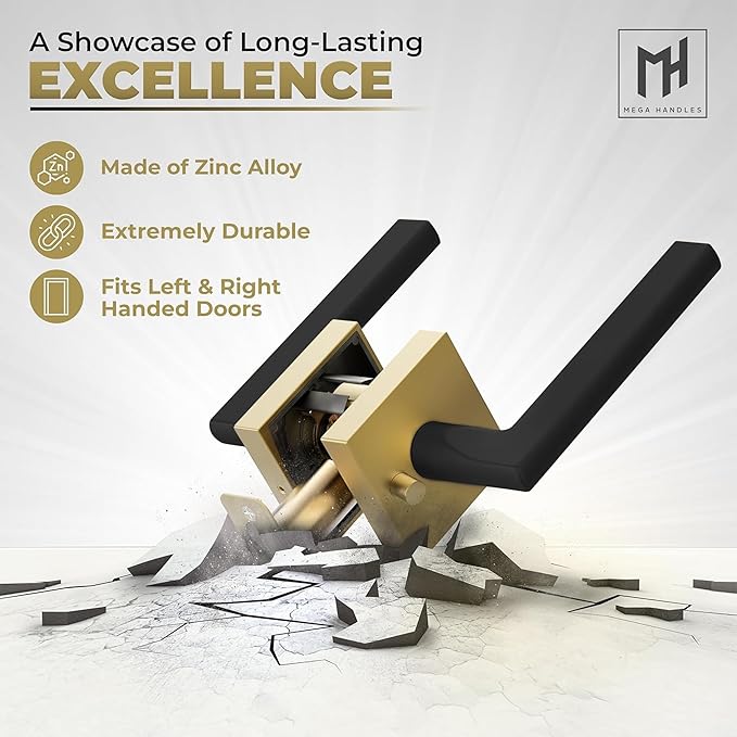 Mega Handles Prime Passage Lever Door Handle for Closet or French Doors, Single Side Door Levers, Fits All Standard Door Sizes, Covered Screws Included - Satin Brass/Matte Black (1 Pack) 5"