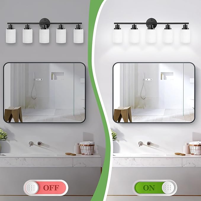 5-Light Bathroom Light Fixtures, E26 Base Vanity Lights for Mirror with Textured Milky White Glass Shade, Modern Kitchen Light Fixtures Wall Sconce Light - Black