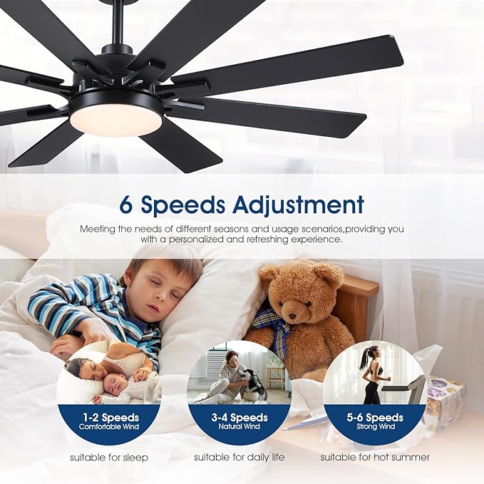 52 Inch Ceiling Fans with Lights and Remote/APP Control, Modern Ceiling Fan for Bedroom Living Room Patio Porch Indoor Outdoor, 6 Speeds, Reversible Quiet Motor, 8 Wood Blades, Black